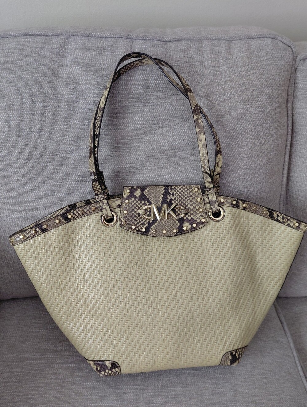 Michael Kors Izzy Straw Tote with Snake-Print Trim